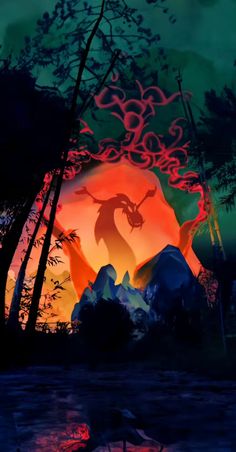 an animated image of a dragon in the middle of a forest with trees and rocks