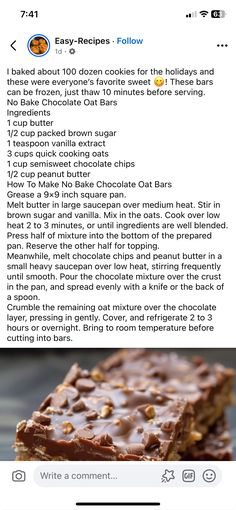 the recipe for chocolate chip bars is shown on an iphone screen, and it appears to be