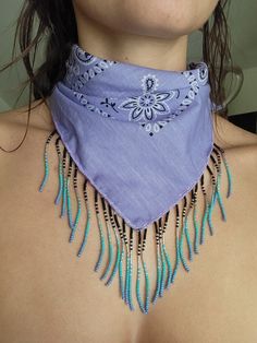 Glow with the flow in this cosmic colored bandana. Perfect for festivals or adding a touch of glam in your day to day doings.  Made with much love and patience. Bandana With Beads, Things To Make With Bandanas, Beaded Jewelry Designs Ideas, Scarf Design Ideas, Bandana Choker, Bandana Diy, Bandana Crafts, Bandanas Diy, Beach Jewelry Boho