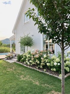 a white house sitting next to a lush green field with lots of flowers in front of it