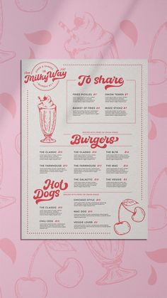 the menu for an ice cream shop on pink paper