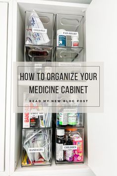 the inside of a medicine cabinet with plastic bins filled with medicine and other medical supplies