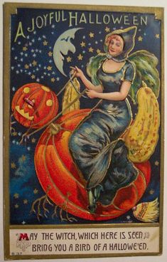 a card with an image of a witch sitting on a pumpkin and holding a broom