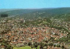 an aerial view of a city surrounded by trees