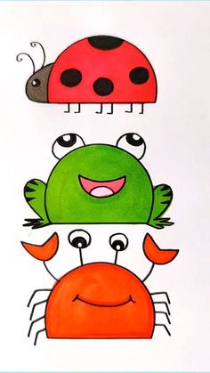 two green and red cartoon animals with ladybugs on their heads, one in the middle