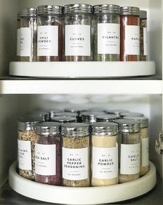 spices and seasonings on shelves in a pantry