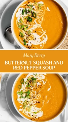 Mary Berry Butternut Squash And Red Pepper Soup Butternut Squash And Corn Soup, Red Pepper Butternut Squash Soup, Butternut Squash Red Pepper Soup, Savory Squash Soup, Mary Makes It Easy Recipes, Red Pepper Soup Recipe, Pepper Soup Recipe, Bell Pepper Soup, Butternut Squash Soup Recipe