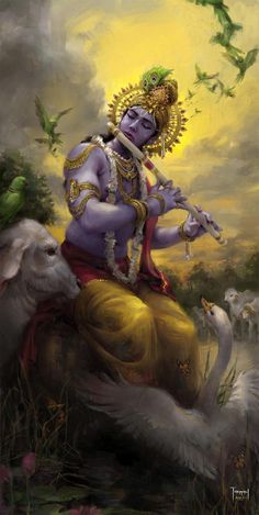 an image of the god sitting on top of a cow with birds flying around him