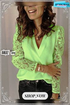 Casual Paneled Blouse Spring V-neck Blouse With Lace Sleeves, Spring V-neck Lace Top For Night Out, Trendy Long Sleeve Lace Top Blouse, Casual V-neck Blouse With Lace Sleeves, Spring Tops With Long Lace Sleeves, Spring Party V-neck Lace Top, Chic Long Sleeve Tops With Lace Sleeves, Chic Tops With Lace Long Sleeves, Casual V-neck Top With Lace Sleeves