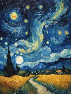 a painting of a starry night over a wheatfield with a road going through it