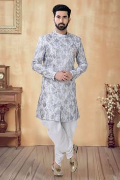 Grey Gorgeous Silk Fabric Wedding Wear Readymade Indo Western For Men Lehenga Choli