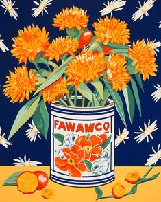 a painting of orange flowers in a blue and white can with the words fawawcc on it