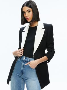 Silvie Fitted Blazer In Black/ecru | Alice And Olivia Chic Fall Tuxedo With Suit Collar, Chic Single-breasted Fall Tuxedo, Chic Tailored Tuxedo For Fall, Chic Black Tuxedo With Suit Collar, Chic Black Tuxedo For Semi-formal Occasions, Chic Black Semi-formal Tuxedo, Spring Black Tuxedo Blazer, Black Tuxedo Blazer For Spring, Chic Black Tuxedo With Notch Lapel