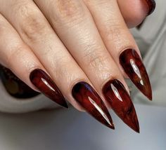 Dark Red Nails Jelly, Black Red Marble Nails, Red And Black Jelly Nails, Vampy Red Nails, Short Vampire Nails, Goth Red Nails, Vampire Inspired Nails, Halloween Red Nails, Vampire Nails Designs