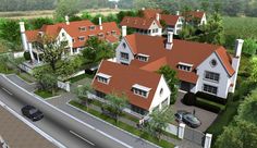 an artist's rendering of a residential area with cars parked on the street and houses in the background