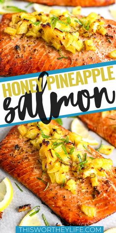 honey pineapple salmon with lemons on the side and text overlay that reads honey pineapple salmon