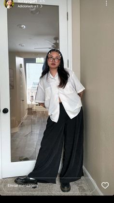 Oversized Black Pants Outfit, Nora Yogurt, Plus Size Button Up Shirt Outfit, Asian Plus Size Outfits, Layering Outfits Casual, Office Outfits Women Plus Size, Outfit Inspo Plus Size, Plus Size Aesthetic Outfits, Dress Over Pants