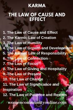 the law of cause and effect is shown with flowers in front of it on a black background