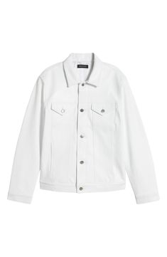 Make a clean, striking statement with this bright-white leather jacket in a casual-cool trucker profile. 26" length (size Medium) Front button closure Spread collar Button cuffs Chest button-flap patch pockets; front welt pockets Lined Leather Professional leather clean Made in the USA White Outerwear With Lapel Collar And Button Closure, White Lapel Collar Outerwear With Button Closure, White Single Breasted Button-up Outerwear, White Single-breasted Button-up Outerwear, White Single-breasted Outerwear For Everyday, Everyday White Single-breasted Outerwear, White Button-up Outerwear With Button Cuffs, White Leather Jacket For Streetwear In Fall, White Leather Jacket For Fall Streetwear