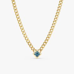 Embrace a fusion of elegance and boldness. A vibrant princess-cut blue topaz, reminiscent of clear tropical waters, compliments a solid 14k yellow gold (available in white or rose gold) Cuban Link chain. The contrast between the delicate gemstone and the bold, modern chain creates a captivating and unique style statement. - Handmade - Solid Gold - Natural Blue Topaz - The Dimension of the Links: 3 mm - Total Topaz Carat Weight: 0.45 ctw - The Dimension of the Setting: 5.4 mm 🛠 Your Sarah Elise piece is handcrafted with care! Ready-to-ship items go out within 3 business days. Made-to-order pieces typically take 7-10 business days to create. If you need something sooner, please contact us - we'll see if we can make it happen! For estimated shipping dates and tracking, check your Etsy accoun Luxury Blue Topaz Birthstone Jewelry, Luxury Blue Square Pendant Necklace, Fine Jewelry With Princess Cut Blue Topaz, Modern Blue Topaz Gemstone Necklaces, Luxury Sapphire Princess Cut Jewelry, Modern Blue Topaz Gemstone Necklace, Luxury Blue Square Pendant Jewelry, Luxury Topaz Birthstone Necklace, Luxury Topaz Necklace With Gemstone Accents