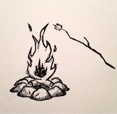 an ink drawing of a campfire on white paper