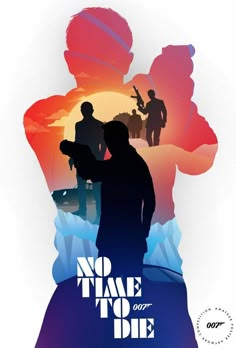 the movie poster for no time to die, featuring two men standing in front of a sunset