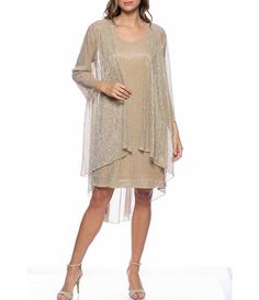 Marina Long Sleeve Crew Neck Metallic Knit 2-Piece Jacket Dress | Dillard's Elegant Stretch Cardigan For Party, Gold Cardigan For Party In Spring, Gold Cardigan For Spring Party, Metallic Knit, Sleeveless Shift Dress, Wedding Cocktails, Dress Silhouette, Vow Renewal, Dillard's