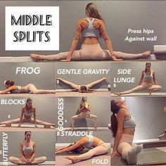 a woman is doing yoga poses in different positions on the floor and behind her are words describing how to do splits