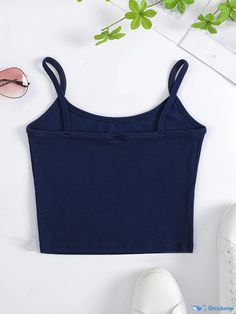 Orcajump - Solid Spaghetti Strap Top, Casual Crew Neck Sleeveless Cami Top For Summer, Women's Clothing Casual Crop Top Tank With Adjustable Straps, Casual Summer Vest With Built-in Bra, Summer Seamless Vest With Tank Straps, Cotton Camisole With Straps, Summer Cotton Vest With Built-in Bra, Casual Seamless Summer Vest, Cotton Cami Tank Top With Straps, Casual Seamless Spaghetti Strap Crop Top, Casual Seamless Camisole With Wide Straps