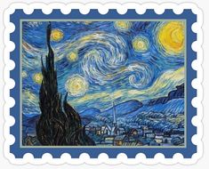 a postage stamp with the starry night painting on it