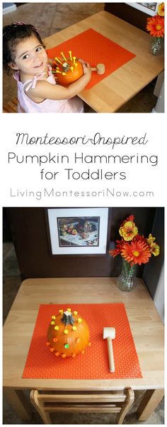 Here's a variation of the classic Montessori pumpkin hammering activity ... safe and simple enough for a toddler - Living Montessori Now #Montessori #toddler #pumpkinhammering #pumpkintheme #fall Montessori Practical Life, Halloween Preschool, Montessori Ideas, Fall Preschool, Montessori Education, Toddler Fall, Montessori Baby, Toddler Snacks