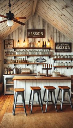 an old fashioned bar with stools and shelves