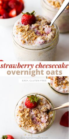 strawberry cheesecake overnight oats in jars with strawberries