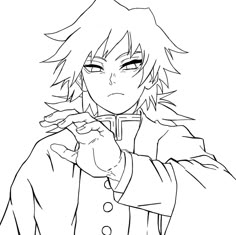 an anime character with long hair holding his hand out to the side, while wearing a jacket