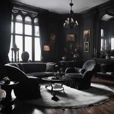 a living room filled with black furniture and lots of dark colored curtains on the windows