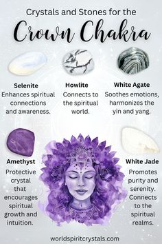 Elevate your crown chakra with the perfect crystals and stones. 🌟 selenite, howlite, white agate, amethyst, and white jade are ideal for enhancing spiritual connection, clarity, and enlightenment. These stones can help you achieve a deeper sense of peace and understanding. Let the serene energy of these crystals guide you on your spiritual journey. 🌿✨ #ChakraHealing #CrystalEnergy #CrownChakra Crystals For Chakras, Meditation With Crystals, Crown Chakra Crystals, Crystal Corner, Crystals Guide, The Crown Chakra, Chakras Yoga