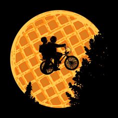 two people are riding on a bicycle in front of an orange full moon with trees