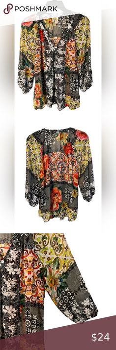 Anthropologie Fig & Flower Multi-color Floral Print 3/4 Sleeve Shirt