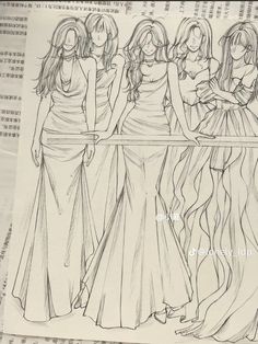 a drawing of four women in dresses standing next to each other on top of a sheet of paper