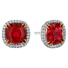 Beautiful Ruby Earrings with Diamond Halo set in Platinum with 18K Yellow Gold prongs. Rubies are cushion cut weighing 6.09 Carats total weight. Diamond halos surrounding rubies weigh 0.30 Carat total weight. Friction-back posts. Halo Diamond Earrings, Halo Earrings, Halo Setting, Ruby Earrings, Ruby Diamond, Diamond Halo, Cushion Cut, Halo Diamond, Jewelry Earrings Studs