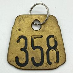 a close up of a metal key chain with a tag on it that says 350