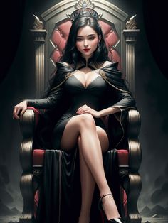 a woman sitting on top of a red chair in front of a black background with a crown