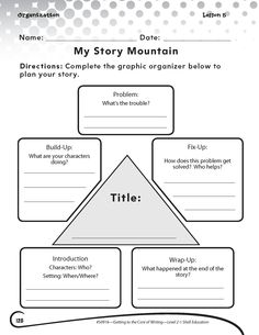 the story mountain worksheet is shown in black and white, with an arrow pointing to