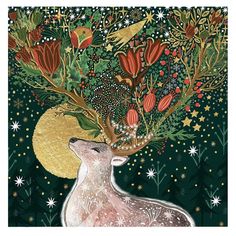 a painting of a deer with flowers on it's head and the moon in the background