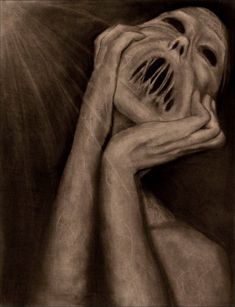 a drawing of a person covering their face with his hands