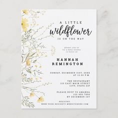 a little wildflower is on the way baby shower card with yellow flowers and greenery