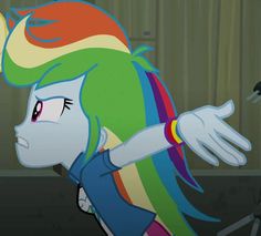 an animated rainbow pony with long hair and colorful manes standing in front of a wall