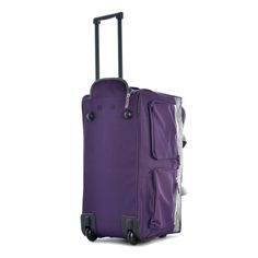 a purple piece of luggage with wheels and zippers on the side, in front of a white background