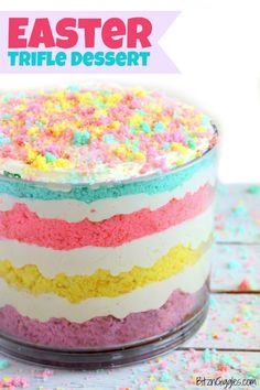 an easter trifle dessert with sprinkles on top and the title overlay reads, easter trifle dessert