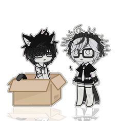 two anime characters standing next to each other in front of a cardboard box with an apple inside